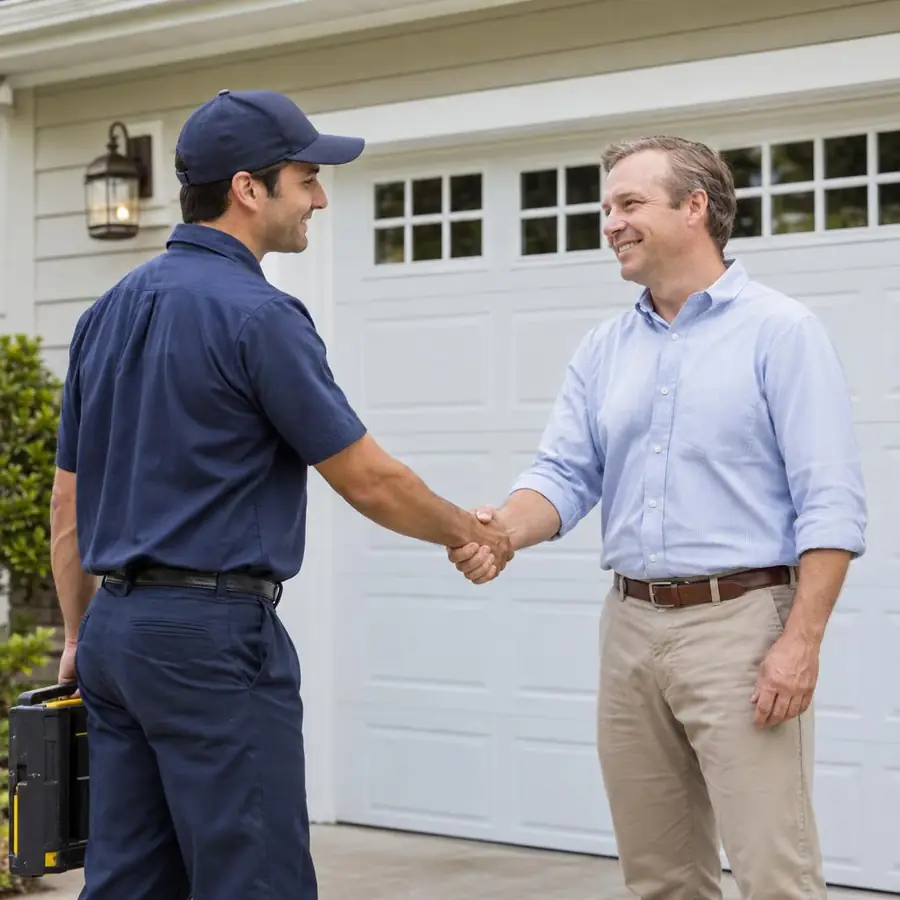 Garage door technician servicing an opener